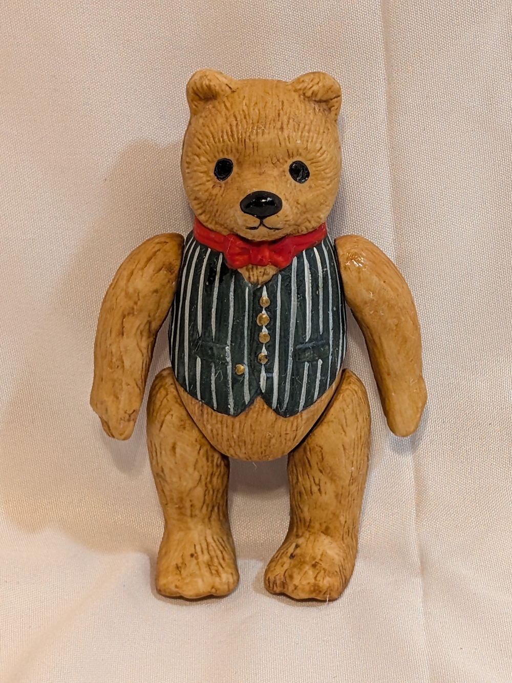 Vintage Department 56 Brown Bear Ornament with Red Bow and Striped Vest